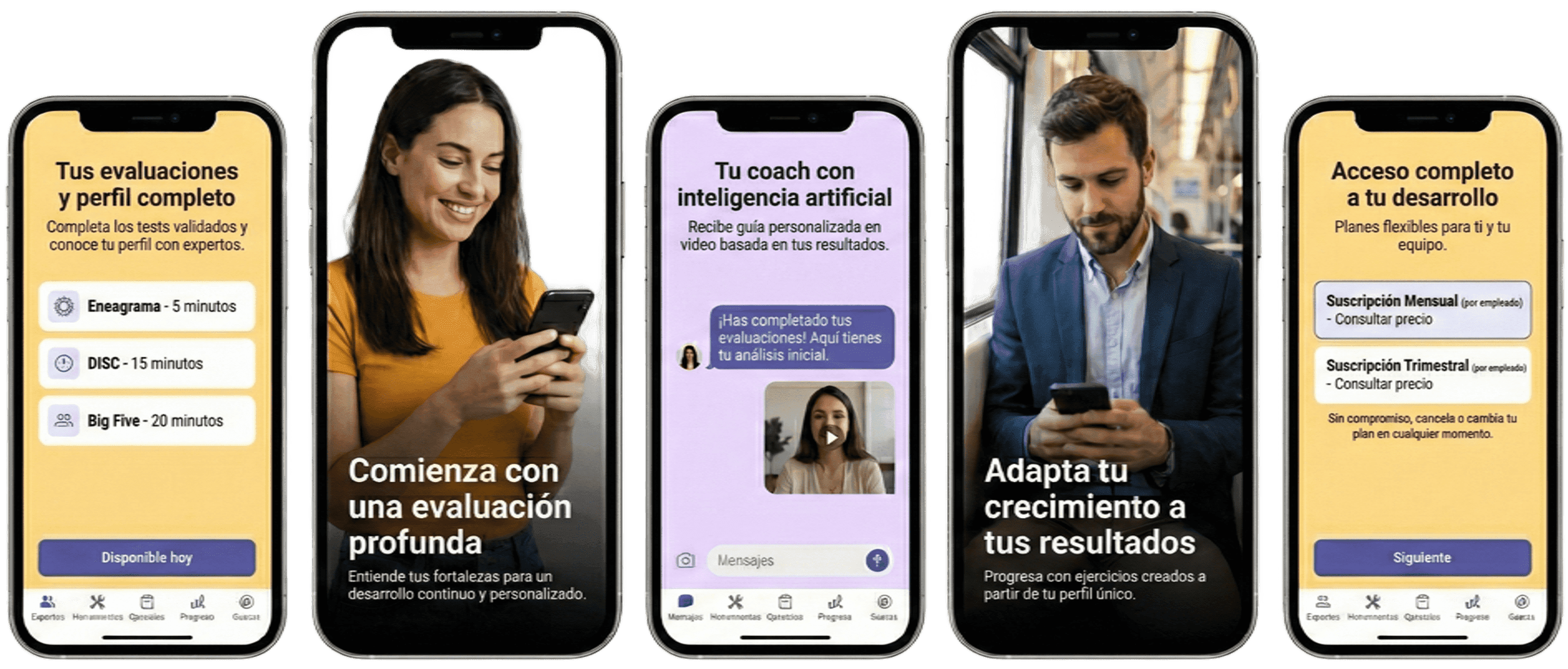 Personagrama — Vista previa de la app: evaluaciones, onboarding, coach IA, resultados y planes de suscripción